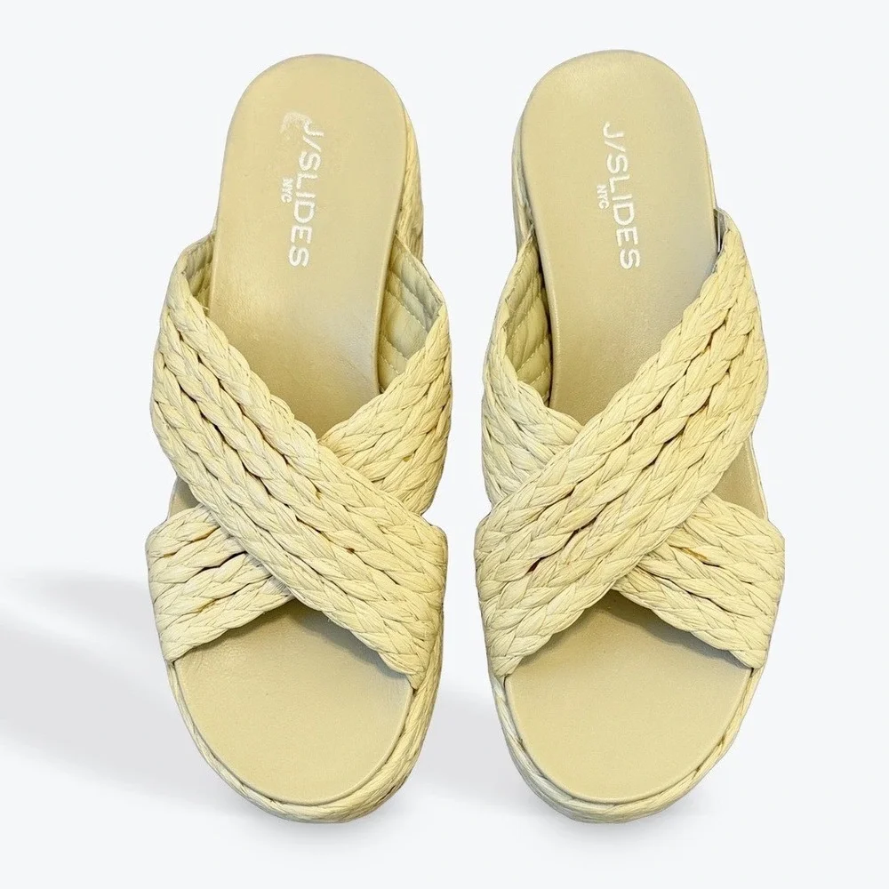 J/Slides NYC Womens 9 Beige Woven Straw Raffia Crisscross Platform Slide Sandals